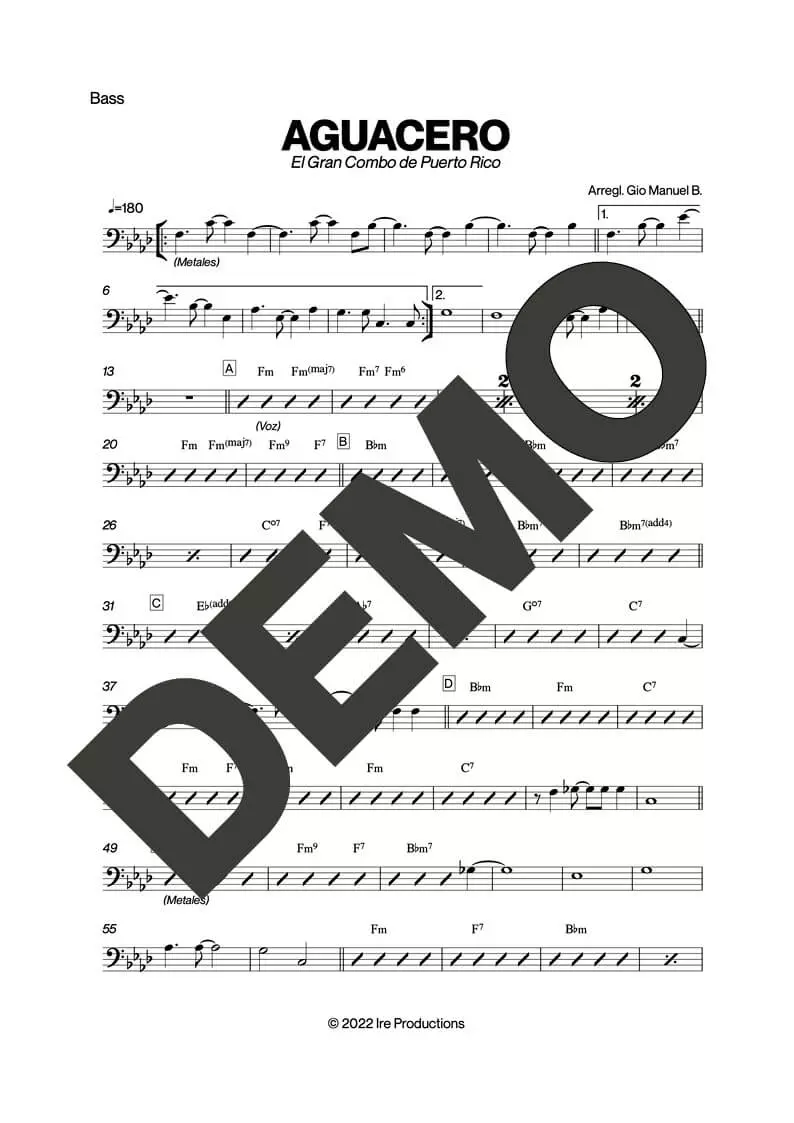 El Gran Combo de Puerto Rico – Aguacero – Sheet Music Demo Page 3 (PDF) – Includes charts for Trumpets, Trombones, Saxophone, Piano and Bass