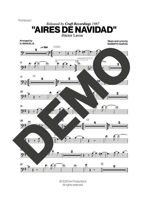 Hector Lavoe|Willie Colón – Aires de Navidad – First Page of Sheet Music Preview (PDF) – Includes charts for Trumpets, Trombones, Saxophone, Piano and Bass