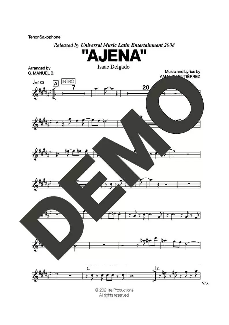 Issac Delgado – Ajena – First Page of Sheet Music Preview (PDF) – Includes charts for Trumpets, Trombones, Saxophone, Piano and Bass