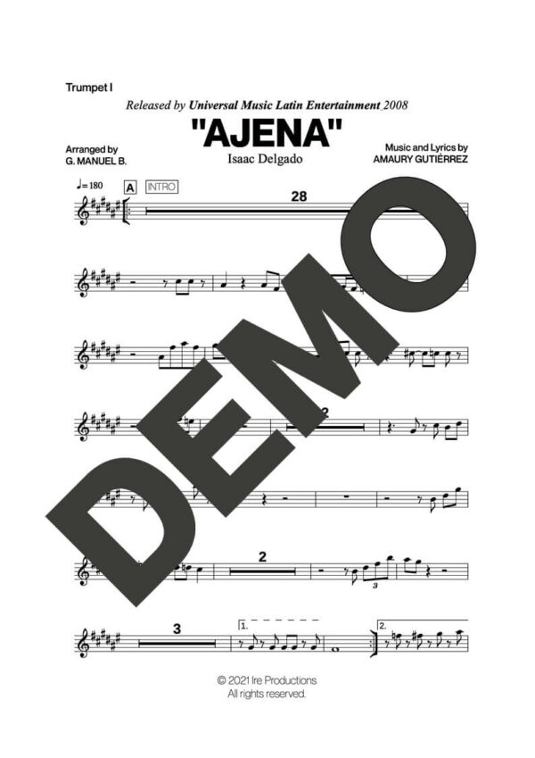 Issac Delgado – Ajena – Sheet Music Demo Page 1 (PDF) – Includes charts for Trumpets, Trombones, Saxophone, Piano and Bass
