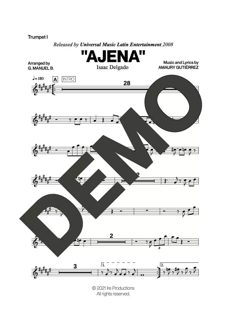 Issac Delgado – Ajena – Sheet Music Demo Page 1 (PDF) – Includes charts for Trumpets, Trombones, Saxophone, Piano and Bass