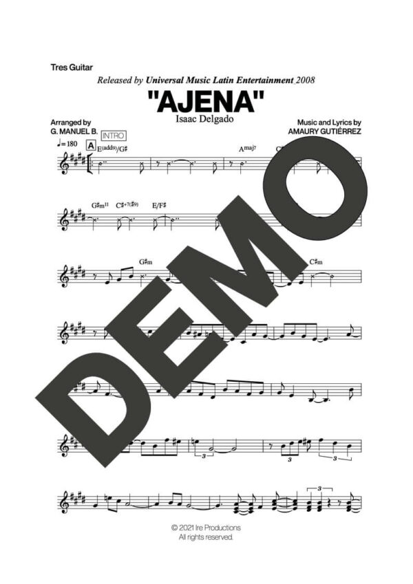 Issac Delgado – Ajena – Sheet Music Demo Page 3 (PDF) – Includes charts for Trumpets, Trombones, Saxophone, Piano and Bass