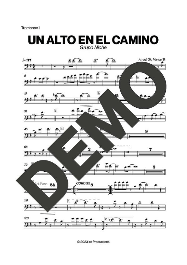 Grupo Niche – Un Alto en el Camino – Sheet Music Demo Page 1 (PDF) – Includes charts for Trumpets, Trombones, Saxophone, Piano and Bass