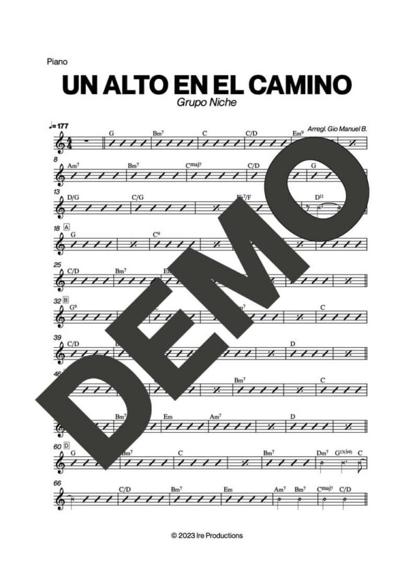Grupo Niche – Un Alto en el Camino – Sheet Music Demo Page 2 (PDF) – Includes charts for Trumpets, Trombones, Saxophone, Piano and Bass