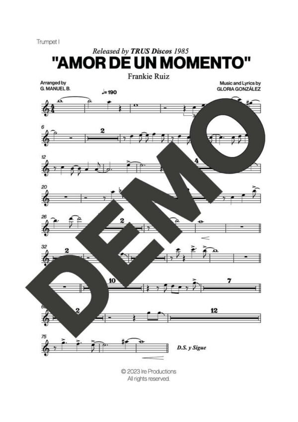 Frankie Ruiz – Amor de un Momento – Sheet Music Demo Page 2 (PDF) – Includes charts for Trumpets, Trombones, Saxophone, Piano and Bass