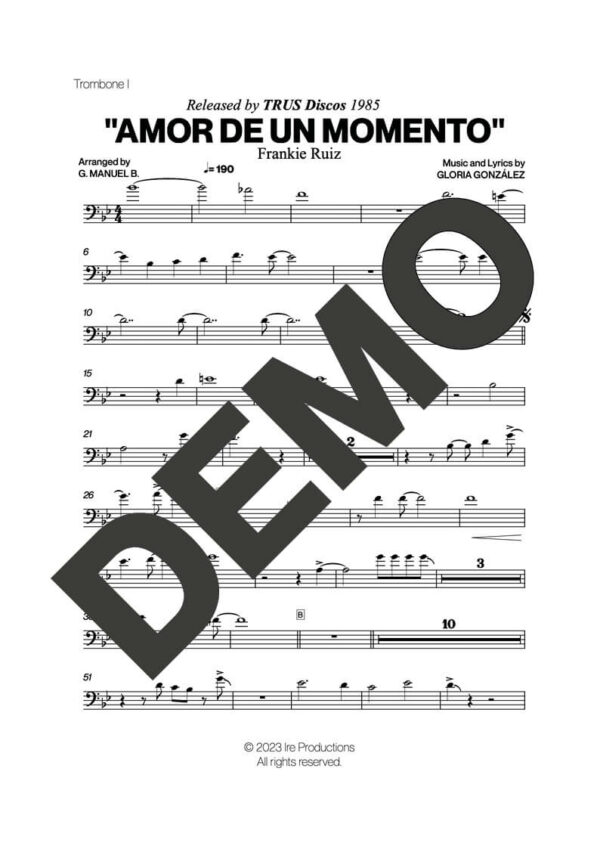 Frankie Ruiz – Amor de un Momento – Sheet Music Demo Page 3 (PDF) – Includes charts for Trumpets, Trombones, Saxophone, Piano and Bass