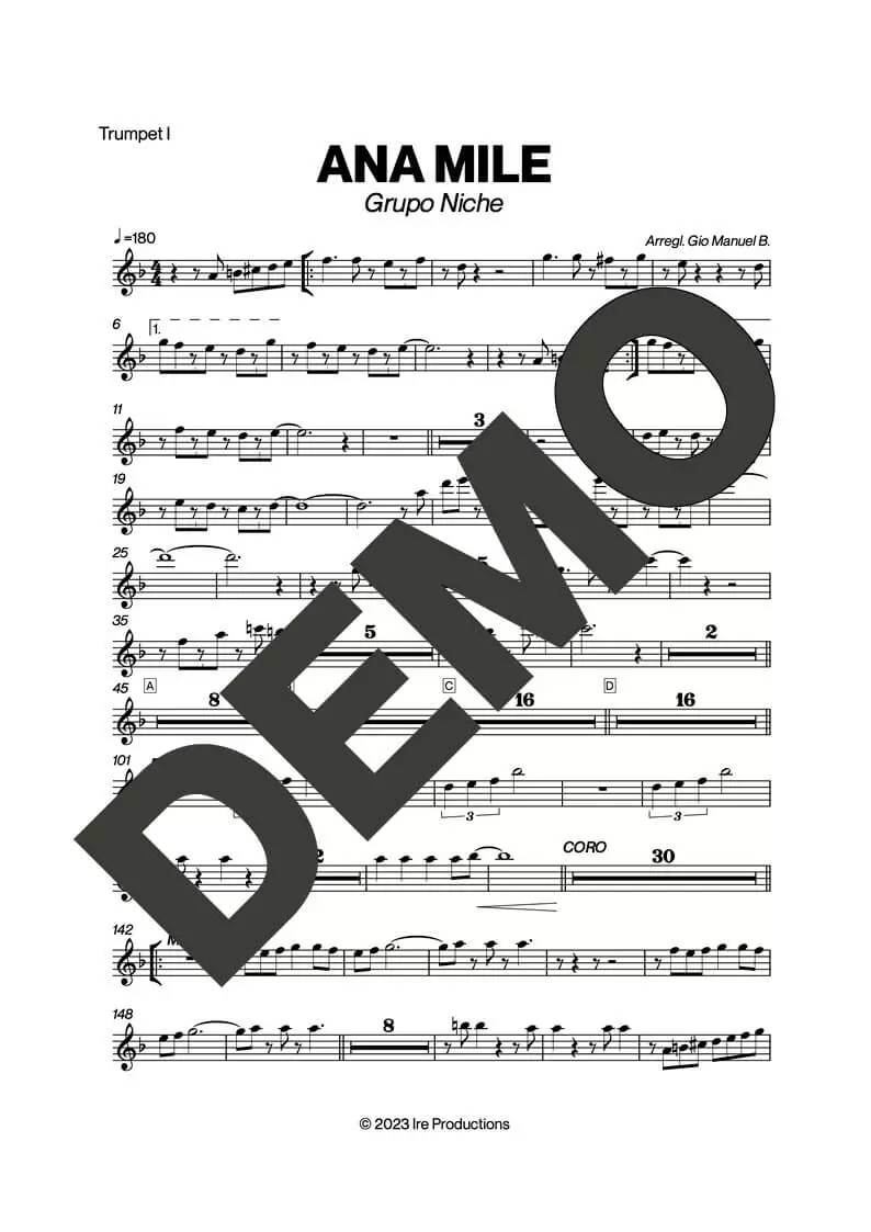 Grupo Niche – Ana Mile – First Page of Sheet Music Preview (PDF) – Includes charts for Trumpets, Trombones, Saxophone, Piano and Bass