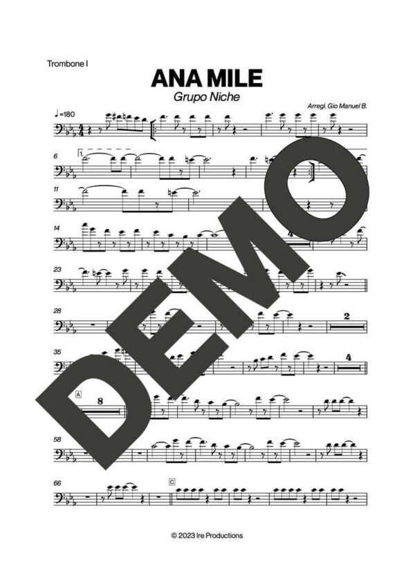 Grupo Niche – Ana Mile – Sheet Music Demo Page 1 (PDF) – Includes charts for Trumpets, Trombones, Saxophone, Piano and Bass