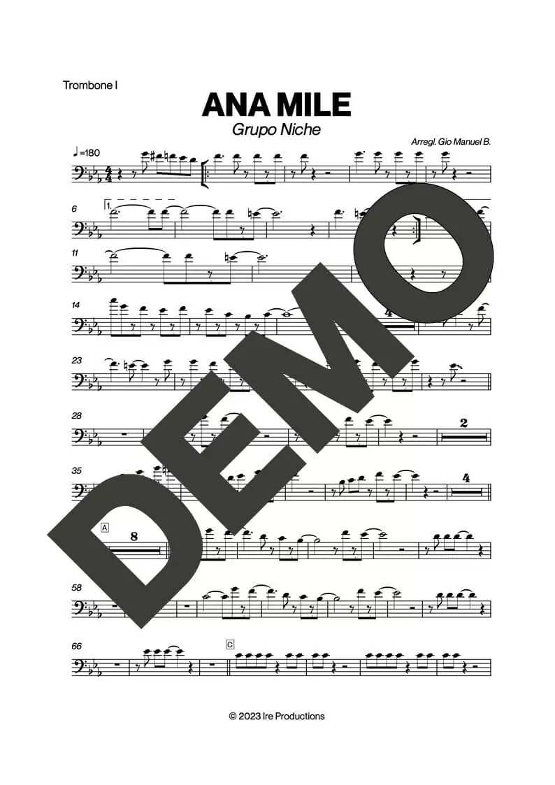 Grupo Niche – Ana Mile – Sheet Music Demo Page 1 (PDF) – Includes charts for Trumpets, Trombones, Saxophone, Piano and Bass