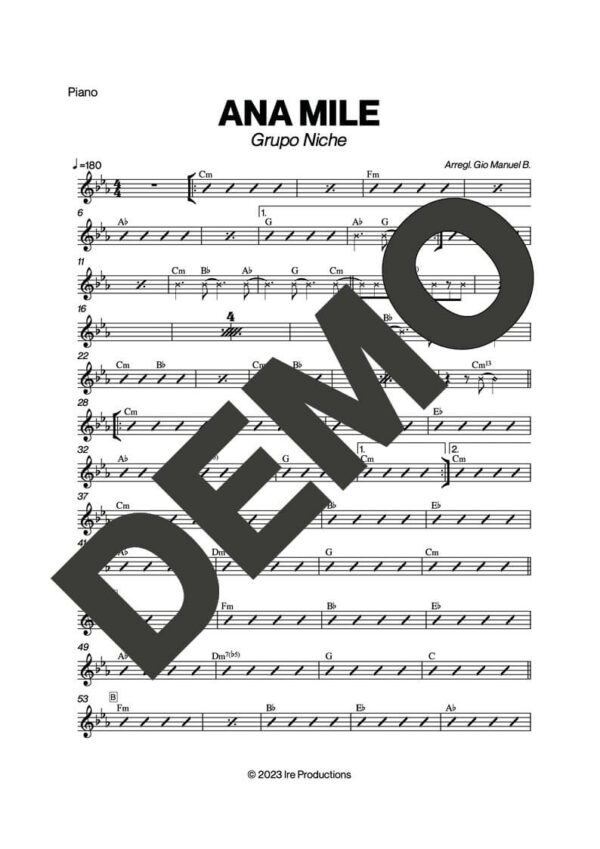 Grupo Niche – Ana Mile – Sheet Music Demo Page 2 (PDF) – Includes charts for Trumpets, Trombones, Saxophone, Piano and Bass