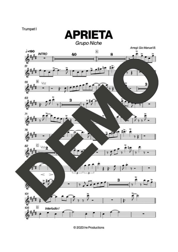 Grupo Niche – Aprieta – First Page of Sheet Music Preview (PDF) – Includes charts for Trumpets, Trombones, Saxophone, Piano and Bass
