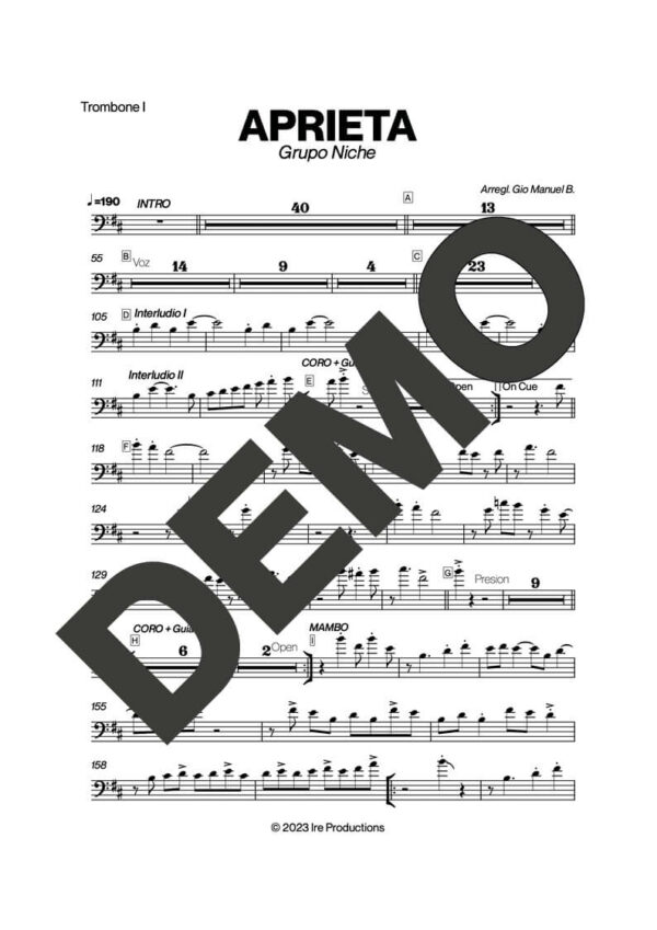 Grupo Niche – Aprieta – Sheet Music Demo Page 1 (PDF) – Includes charts for Trumpets, Trombones, Saxophone, Piano and Bass
