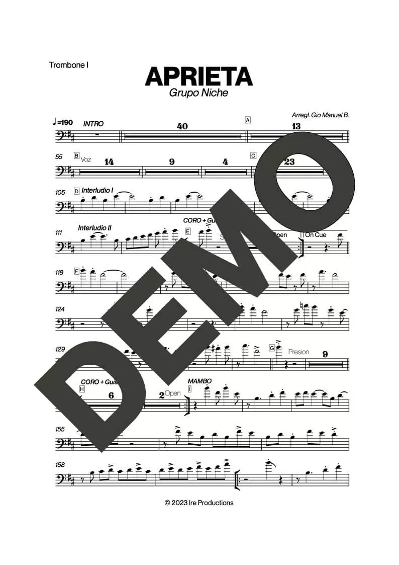 Grupo Niche – Aprieta – Sheet Music Demo Page 1 (PDF) – Includes charts for Trumpets, Trombones, Saxophone, Piano and Bass