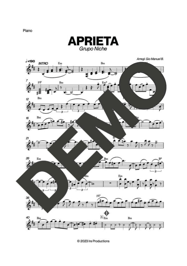 Grupo Niche – Aprieta – Sheet Music Demo Page 2 (PDF) – Includes charts for Trumpets, Trombones, Saxophone, Piano and Bass