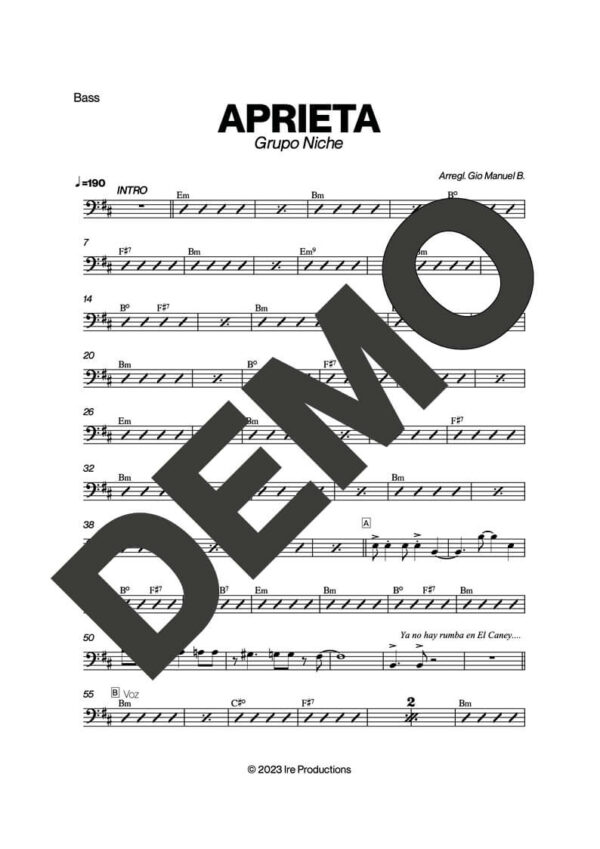 Grupo Niche – Aprieta – Sheet Music Demo Page 3 (PDF) – Includes charts for Trumpets, Trombones, Saxophone, Piano and Bass