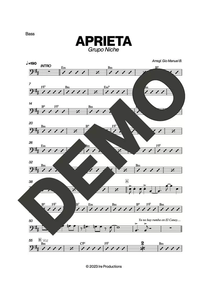 Grupo Niche – Aprieta – Sheet Music Demo Page 3 (PDF) – Includes charts for Trumpets, Trombones, Saxophone, Piano and Bass