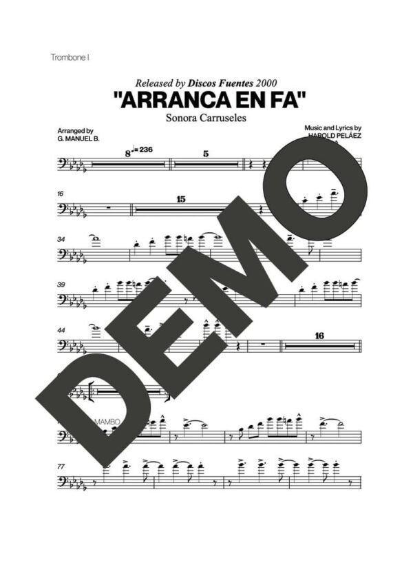 Sonora Carruseles – Arranca en Fa – Sheet Music Demo Page 1 (PDF) – Includes charts for Trumpets, Trombones, Saxophone, Piano and Bass