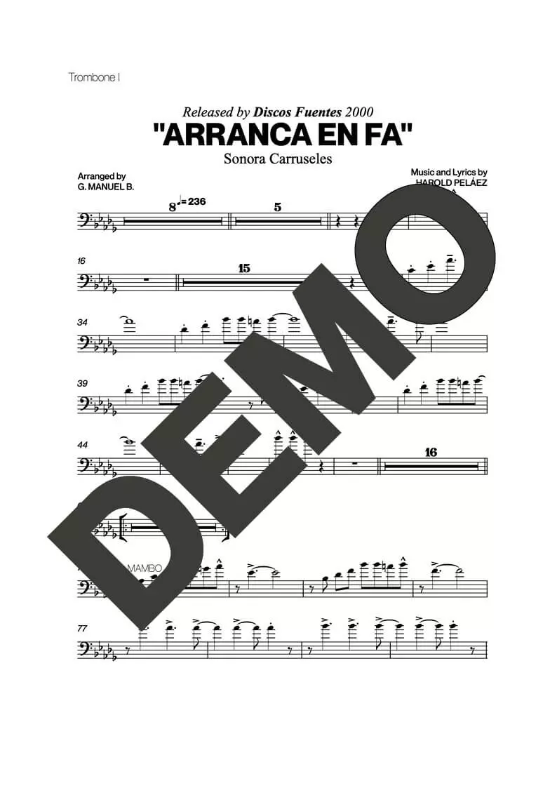 Sonora Carruseles – Arranca en Fa – Sheet Music Demo Page 1 (PDF) – Includes charts for Trumpets, Trombones, Saxophone, Piano and Bass