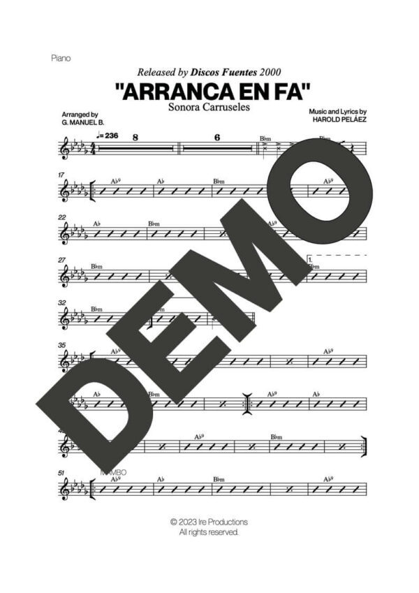 Sonora Carruseles – Arranca en Fa – Sheet Music Demo Page 2 (PDF) – Includes charts for Trumpets, Trombones, Saxophone, Piano and Bass