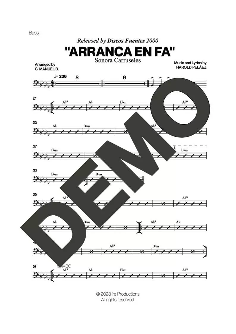 Sonora Carruseles – Arranca en Fa – Sheet Music Demo Page 3 (PDF) – Includes charts for Trumpets, Trombones, Saxophone, Piano and Bass