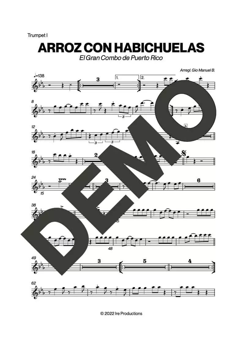 El Gran Combo de Puerto Rico – Arroz con Habichuela – First Page of Sheet Music Preview (PDF) – Includes charts for Trumpets, Trombones, Saxophone, Piano and Bass