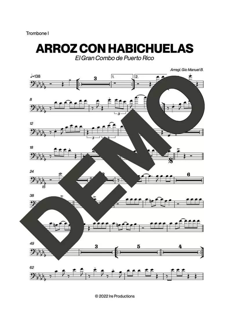 El Gran Combo de Puerto Rico – Arroz con Habichuela – Sheet Music Demo Page 1 (PDF) – Includes charts for Trumpets, Trombones, Saxophone, Piano and Bass