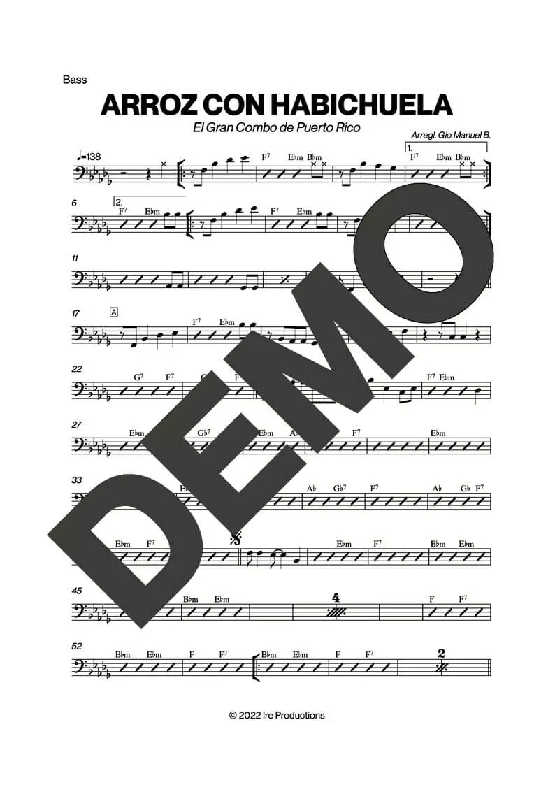 El Gran Combo de Puerto Rico – Arroz con Habichuela – Sheet Music Demo Page 3 (PDF) – Includes charts for Trumpets, Trombones, Saxophone, Piano and Bass