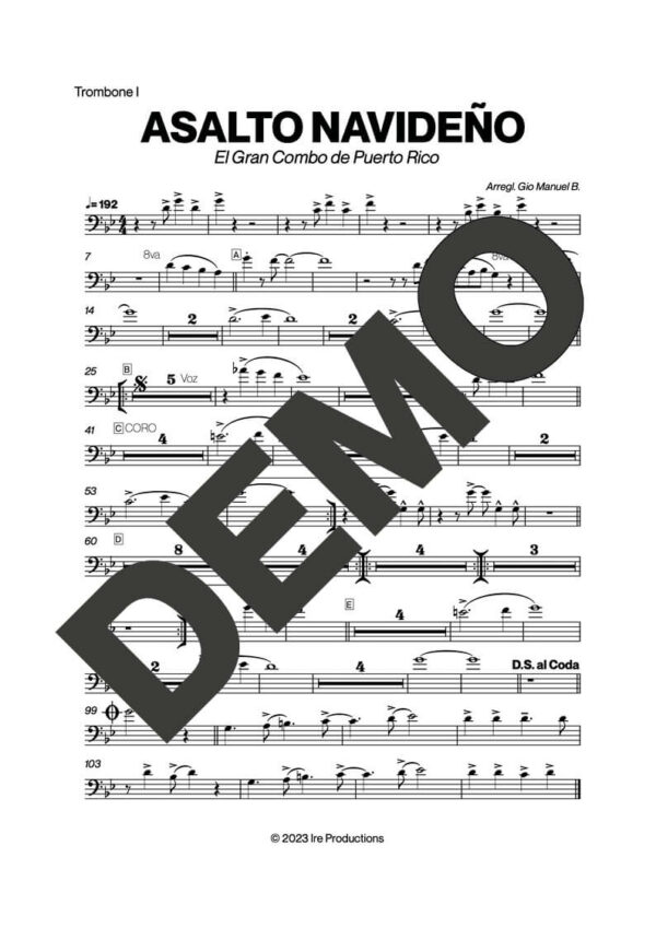 El Gran Combo de Puerto Rico – Asalto Navideño – Sheet Music Demo Page 1 (PDF) – Includes charts for Trumpets, Trombones, Saxophone, Piano and Bass