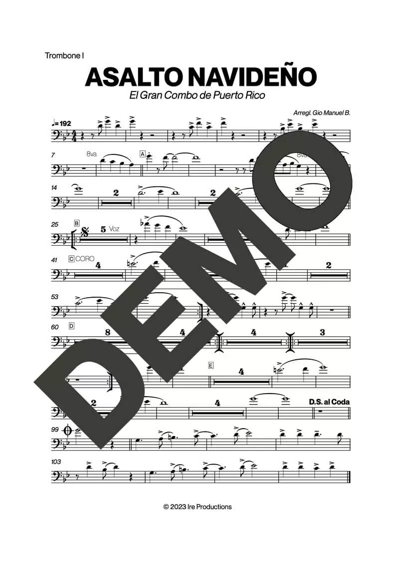 El Gran Combo de Puerto Rico – Asalto Navideño – Sheet Music Demo Page 1 (PDF) – Includes charts for Trumpets, Trombones, Saxophone, Piano and Bass