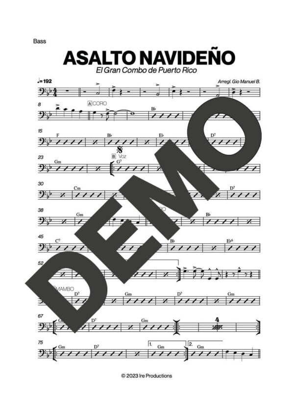El Gran Combo de Puerto Rico – Asalto Navideño – Sheet Music Demo Page 3 (PDF) – Includes charts for Trumpets, Trombones, Saxophone, Piano and Bass