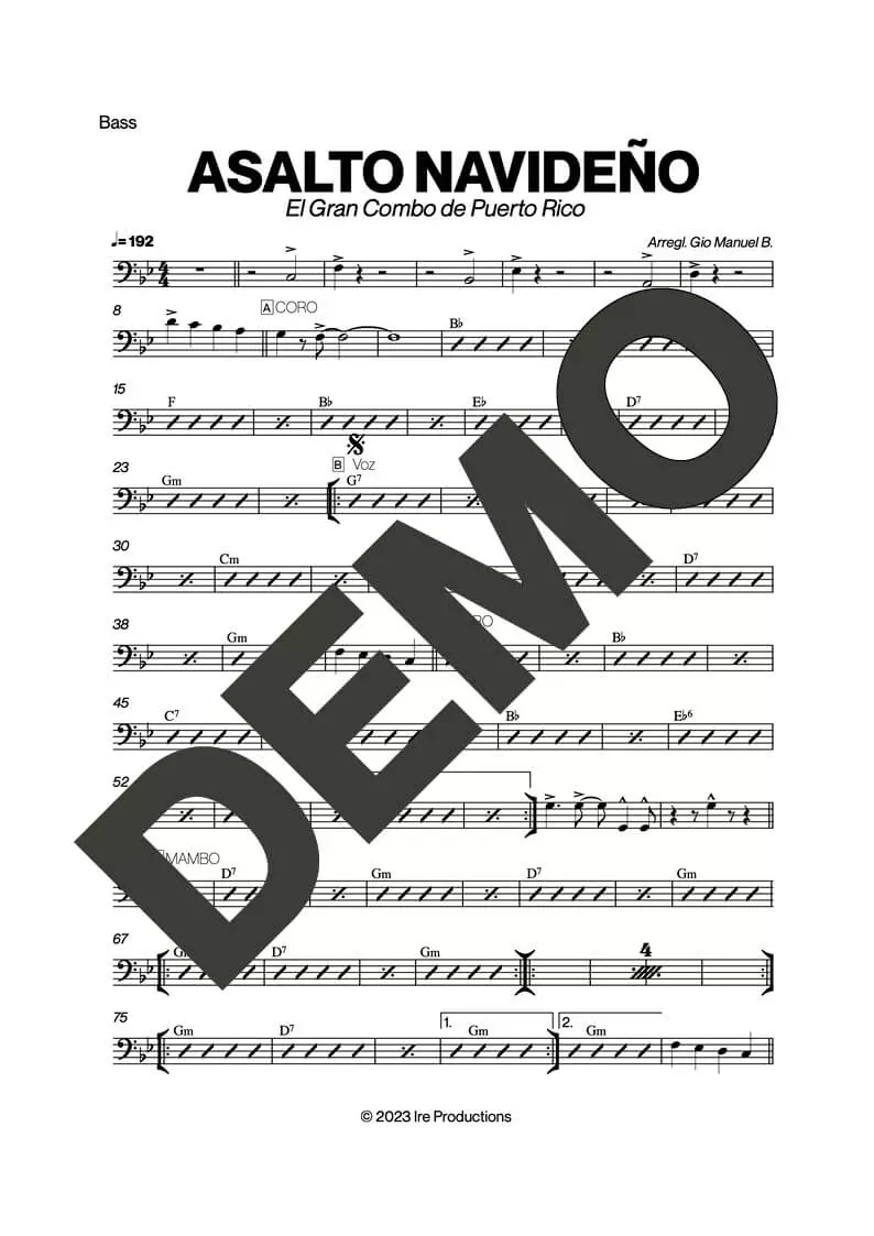 El Gran Combo de Puerto Rico – Asalto Navideño – Sheet Music Demo Page 3 (PDF) – Includes charts for Trumpets, Trombones, Saxophone, Piano and Bass
