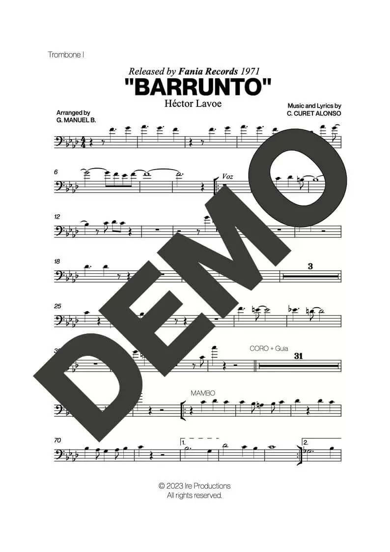 Hector Lavoe|Willie Colón – Barrunto – First Page of Sheet Music Preview (PDF) – Includes charts for Trumpets, Trombones, Saxophone, Piano and Bass