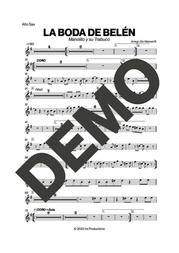 Manolito y su Trabuco – La Boda de Bele��n – First Page of Sheet Music Preview (PDF) – Includes charts for Trumpets, Trombones, Saxophone, Piano and Bass