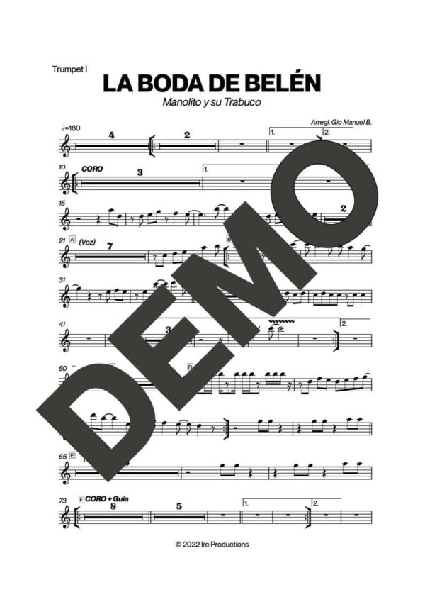 Manolito y su Trabuco – La Boda de Bele��n – Sheet Music Demo Page 1 (PDF) – Includes charts for Trumpets, Trombones, Saxophone, Piano and Bass