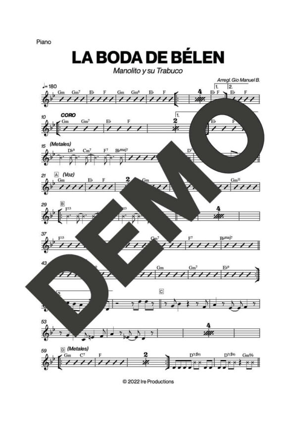 Manolito y su Trabuco – La Boda de Bele��n – Sheet Music Demo Page 3 (PDF) – Includes charts for Trumpets, Trombones, Saxophone, Piano and Bass