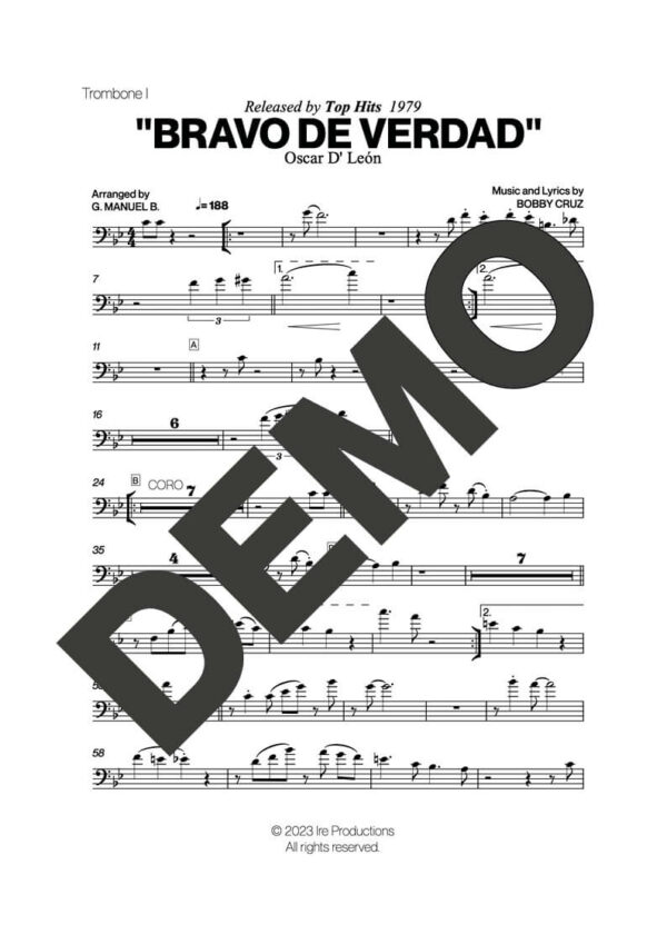 Oscar D' León – Bravo de Verdad – Sheet Music Demo Page 1 (PDF) – Includes charts for Trumpets, Trombones, Saxophone, Piano and Bass