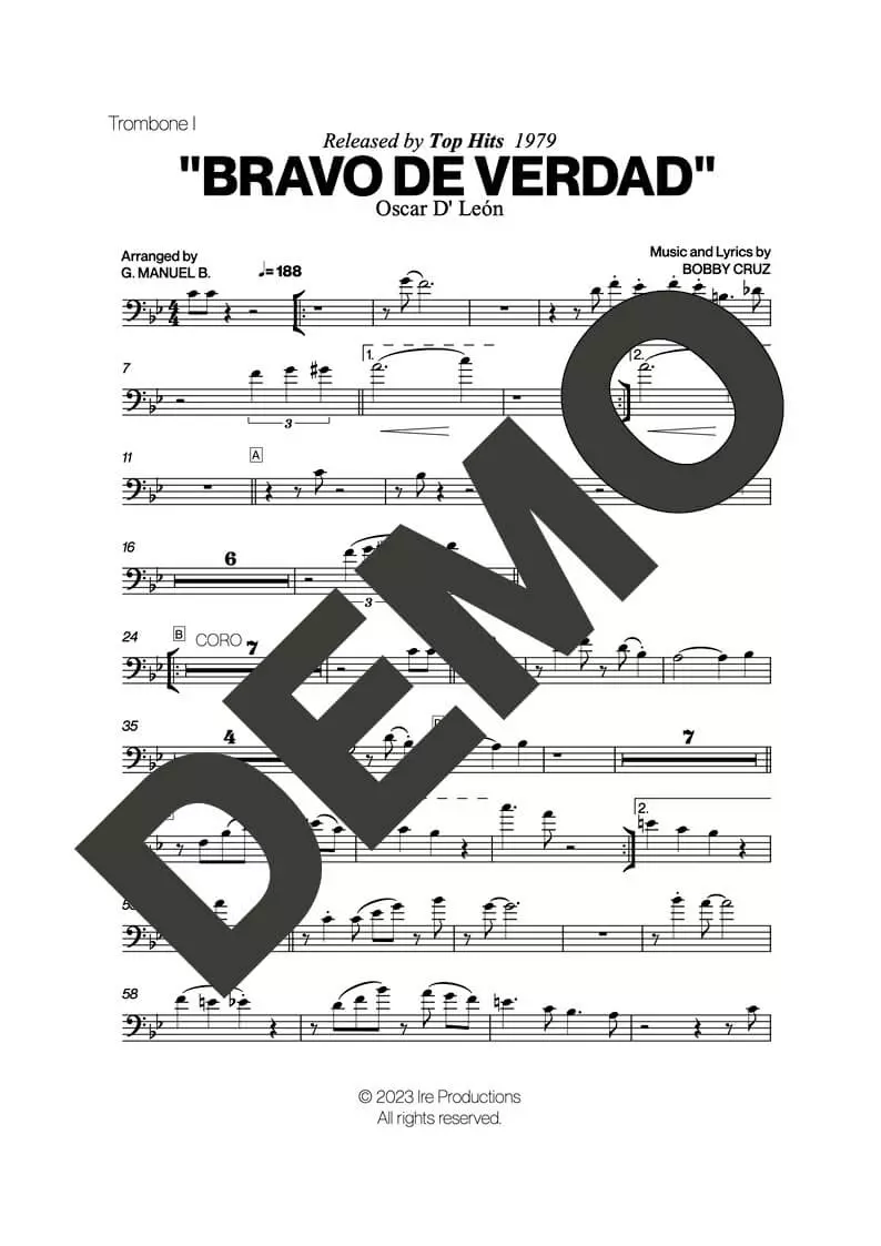 Oscar D' León – Bravo de Verdad – Sheet Music Demo Page 1 (PDF) – Includes charts for Trumpets, Trombones, Saxophone, Piano and Bass