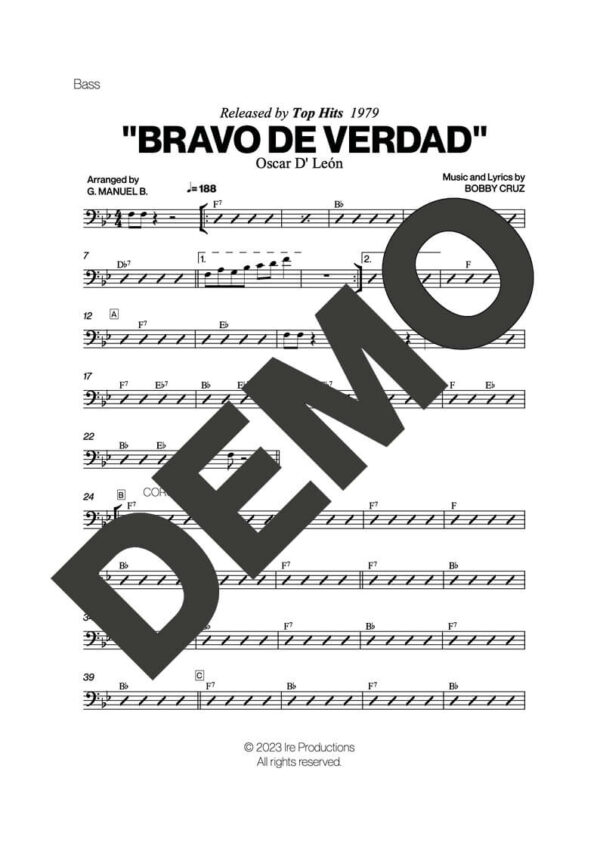 Oscar D' León – Bravo de Verdad – Sheet Music Demo Page 3 (PDF) – Includes charts for Trumpets, Trombones, Saxophone, Piano and Bass