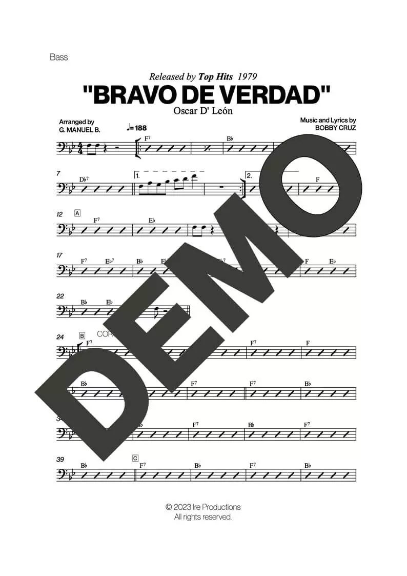 Oscar D' León – Bravo de Verdad – Sheet Music Demo Page 3 (PDF) – Includes charts for Trumpets, Trombones, Saxophone, Piano and Bass