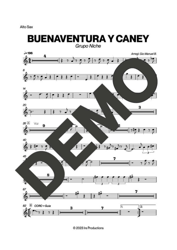 Grupo Niche – Buenaventura y Caney – First Page of Sheet Music Preview (PDF) – Includes charts for Trumpets, Trombones, Saxophone, Piano and Bass