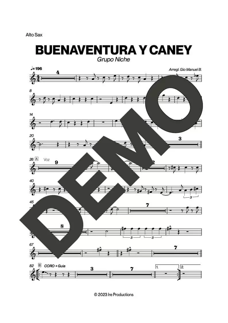Grupo Niche – Buenaventura y Caney – First Page of Sheet Music Preview (PDF) – Includes charts for Trumpets, Trombones, Saxophone, Piano and Bass