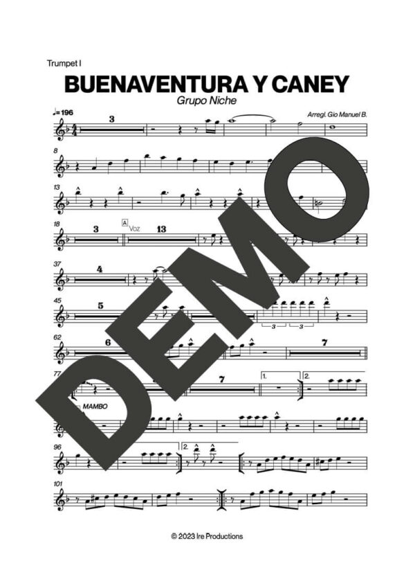 Grupo Niche – Buenaventura y Caney – Sheet Music Demo Page 1 (PDF) – Includes charts for Trumpets, Trombones, Saxophone, Piano and Bass