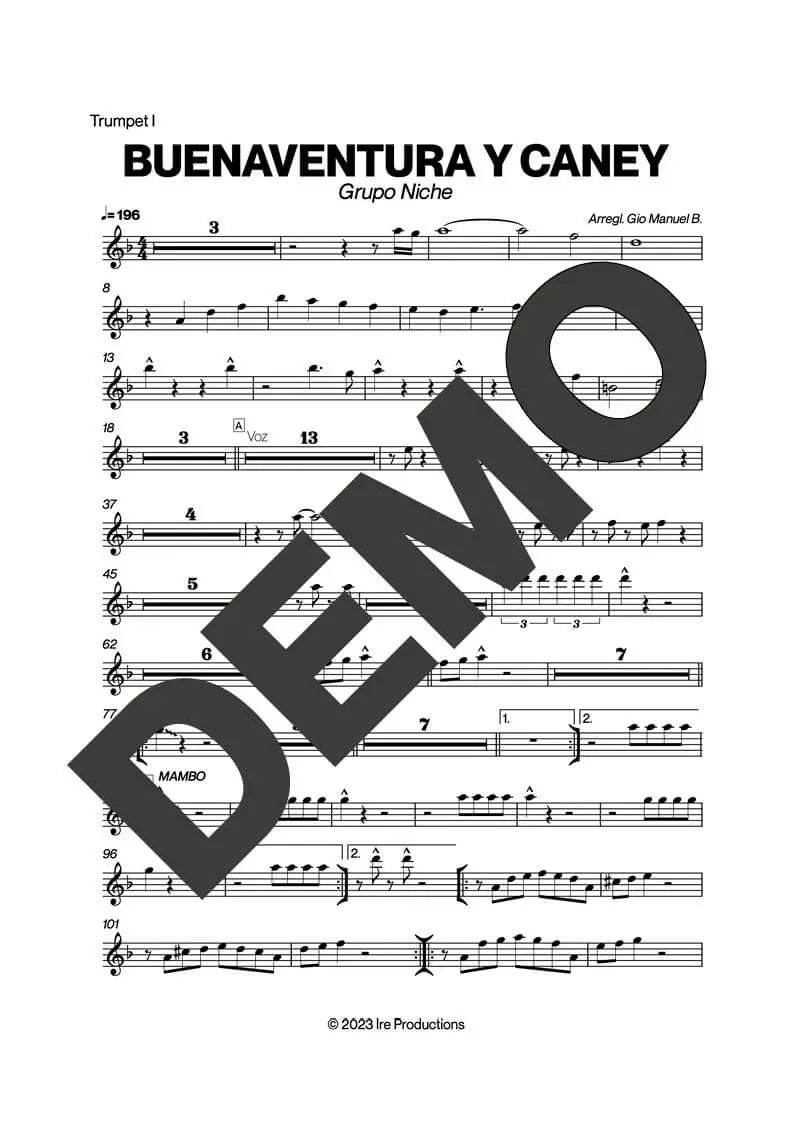 Grupo Niche – Buenaventura y Caney – Sheet Music Demo Page 1 (PDF) – Includes charts for Trumpets, Trombones, Saxophone, Piano and Bass
