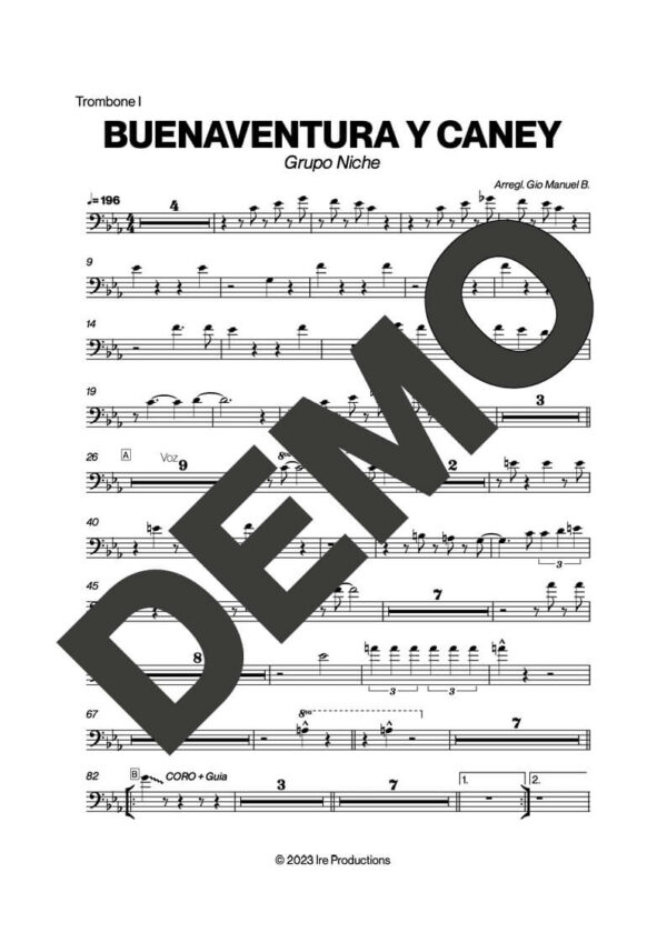 Grupo Niche – Buenaventura y Caney – Sheet Music Demo Page 2 (PDF) – Includes charts for Trumpets, Trombones, Saxophone, Piano and Bass