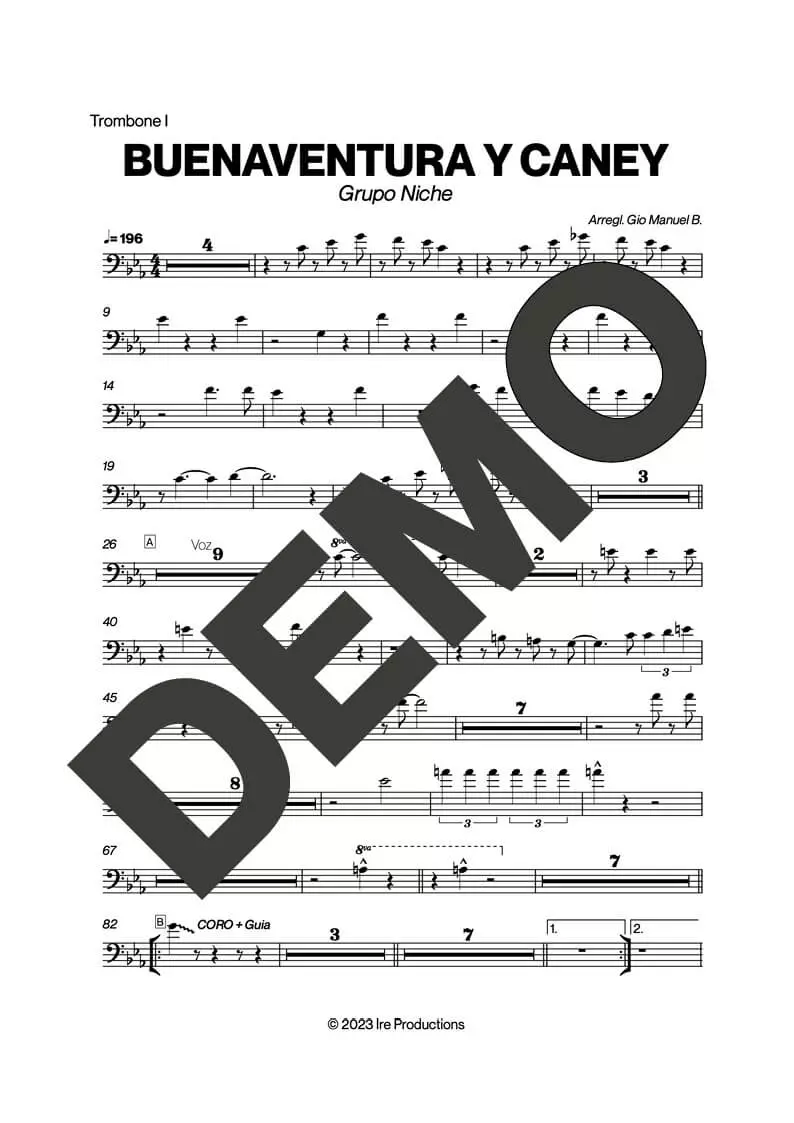 Grupo Niche – Buenaventura y Caney – Sheet Music Demo Page 2 (PDF) – Includes charts for Trumpets, Trombones, Saxophone, Piano and Bass