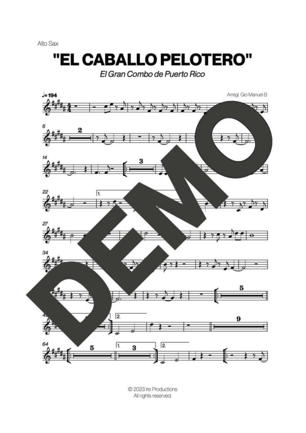 El Gran Combo de Puerto Rico – El Caballo Pelotero – First Page of Sheet Music Preview (PDF) – Includes charts for Trumpets, Trombones, Saxophone, Piano and Bass