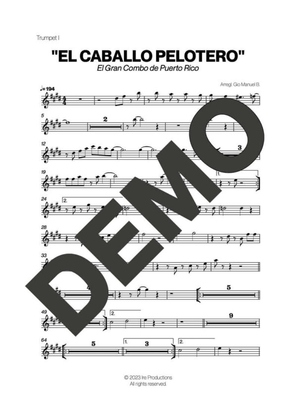 El Gran Combo de Puerto Rico – El Caballo Pelotero – Sheet Music Demo Page 1 (PDF) – Includes charts for Trumpets, Trombones, Saxophone, Piano and Bass