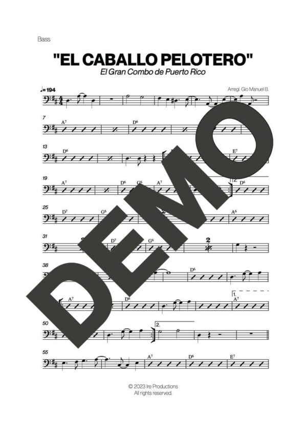 El Gran Combo de Puerto Rico – El Caballo Pelotero – Sheet Music Demo Page 4 (PDF) – Includes charts for Trumpets, Trombones, Saxophone, Piano and Bass
