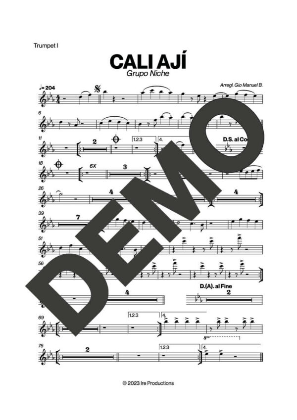 Grupo Niche – Cali Ají – First Page of Sheet Music Preview (PDF) – Includes charts for Trumpets, Trombones, Saxophone, Piano and Bass