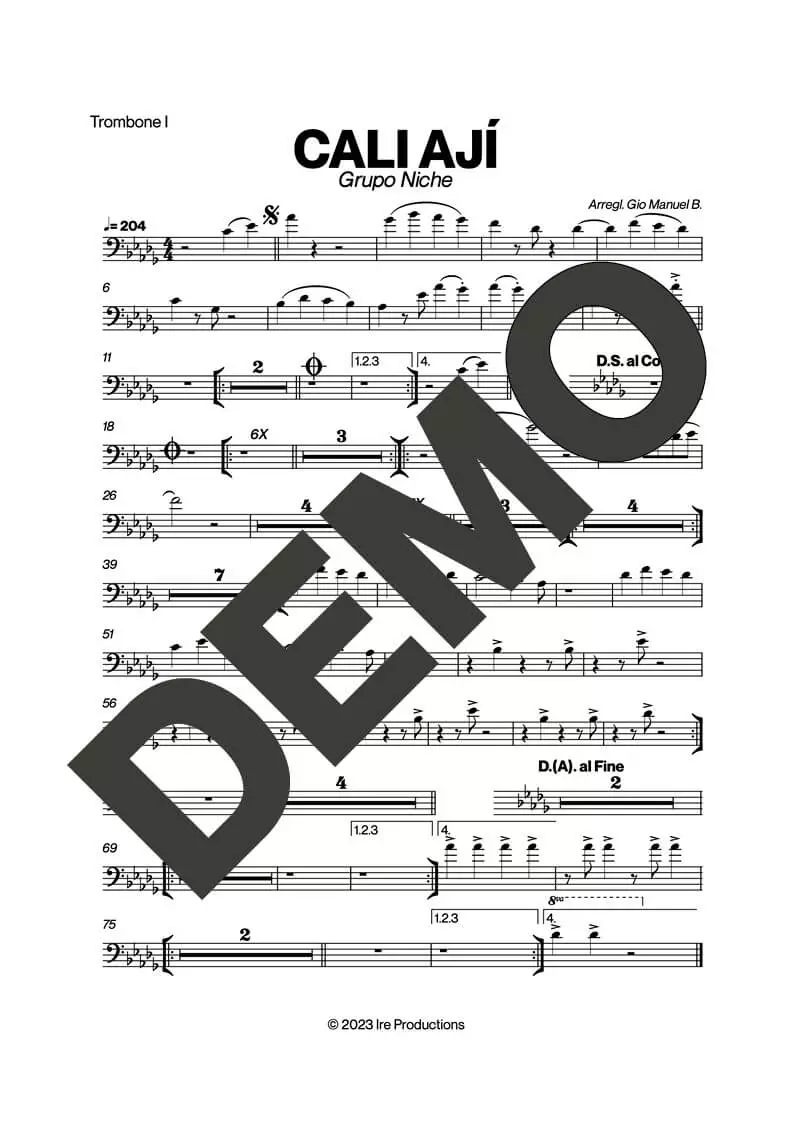 Grupo Niche – Cali Ají – Sheet Music Demo Page 1 (PDF) – Includes charts for Trumpets, Trombones, Saxophone, Piano and Bass
